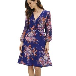 Chandler Henry Royal Blue Floral Long Sleeve Dress Modern L Romantic Feminine